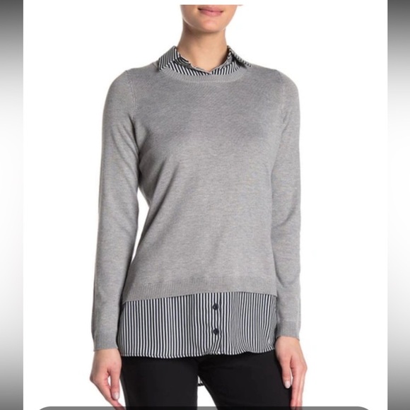 ADRIANNA PAPELL - Twofer Collared Sweater In H Grey W/navy Small Stripe - Picture 1 of 1